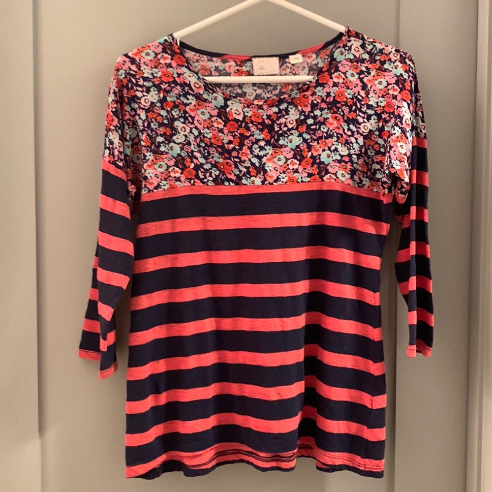 Anthropologie T-Shirt navy and red stripes and flower Size Extra Small EUC